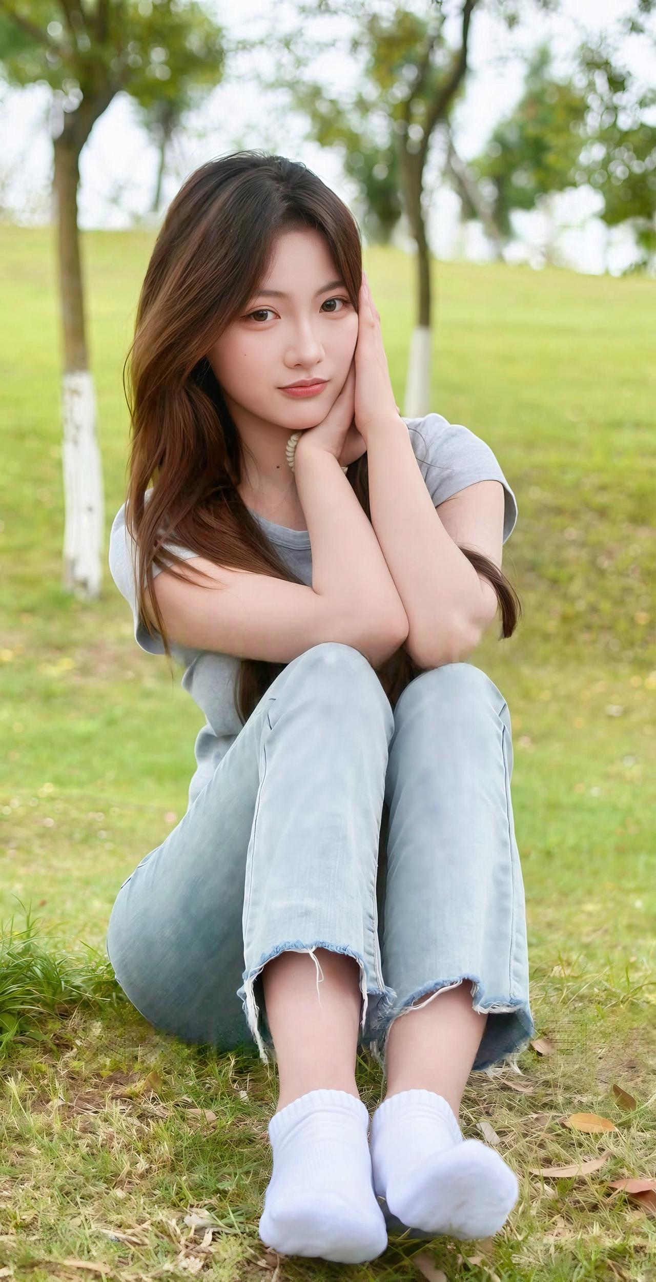 假期的傍晚，城市公园里女孩坐在草地上，双手托着脸，穿着休闲装，微笑的瞬间，温暖如