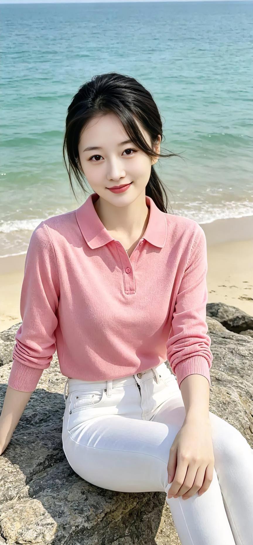 《海风吻过的粉白时光》

碧海轻摇，浪花亲吻着沙滩，

她坐于礁石，如一幅清新的