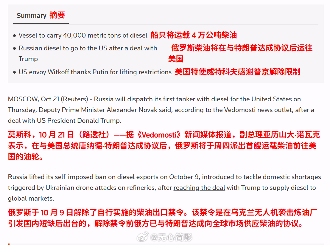 俄罗斯副总理亚历山大·诺瓦克宣布，俄罗斯将于 10 月 22 日向美国派出首艘运