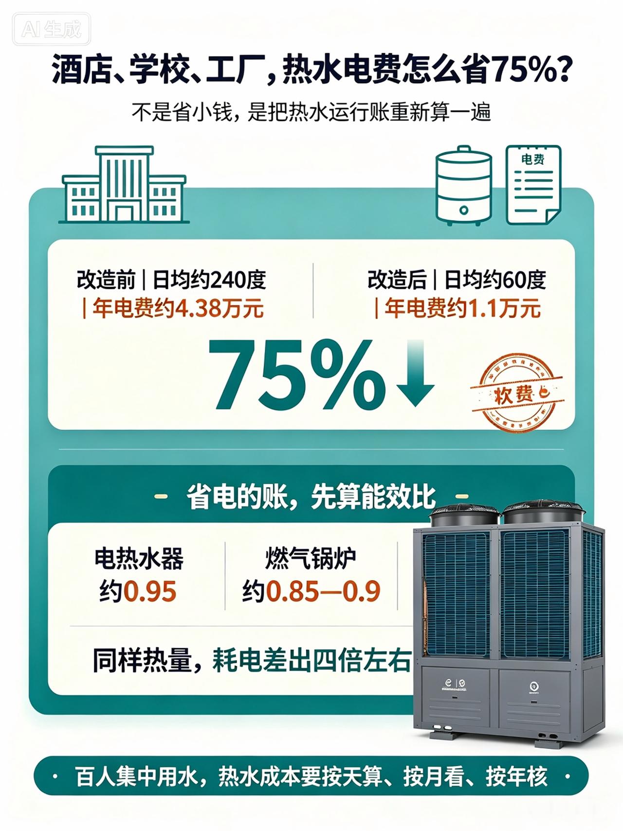 商用热水省75%是怎么算出来的？一笔账看清
 
不少酒店、学校、工厂的经营者起初