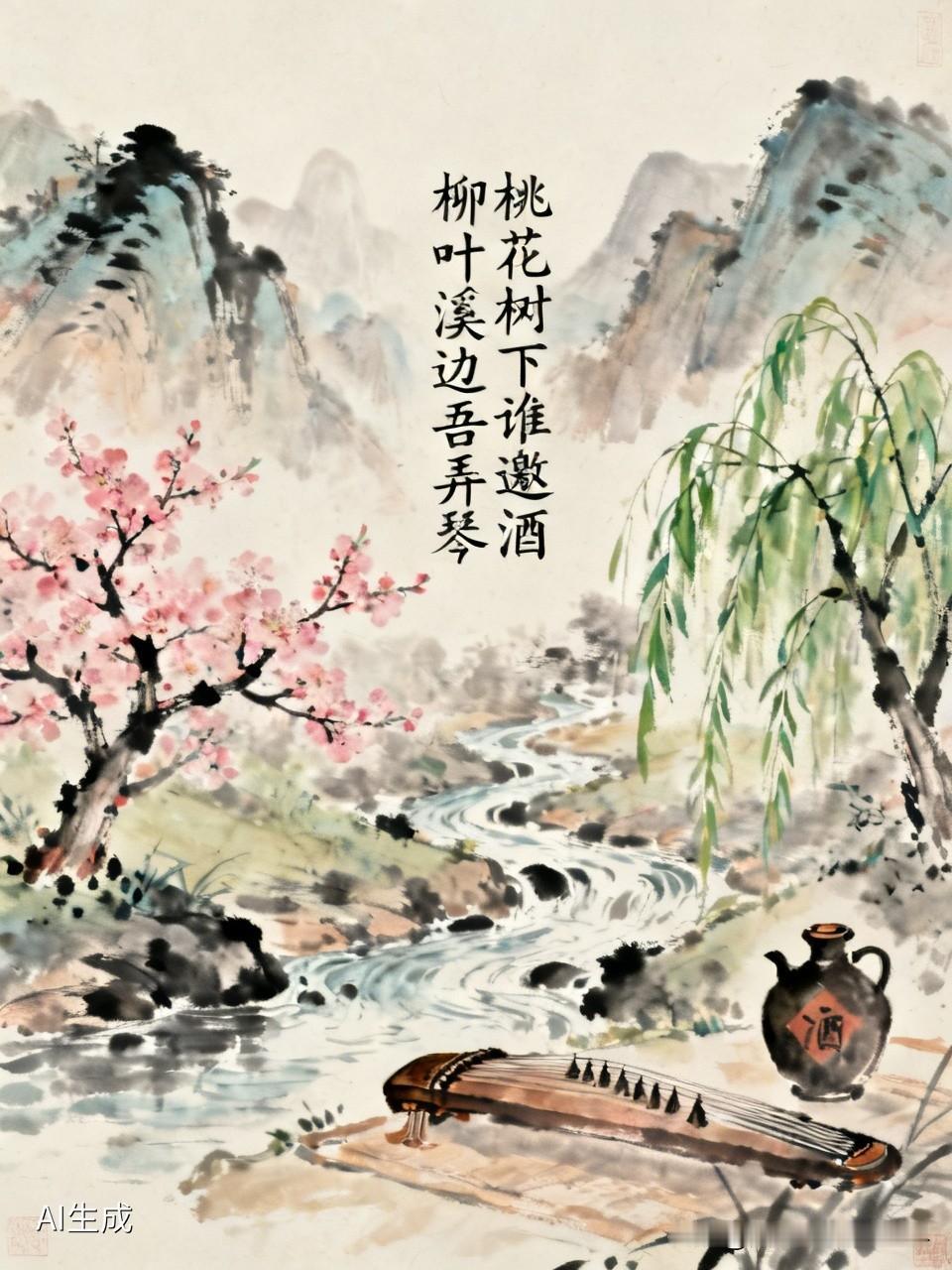 上联：桃花树下谁邀酒，安子邀对下联，柳叶溪边吾弄琴！