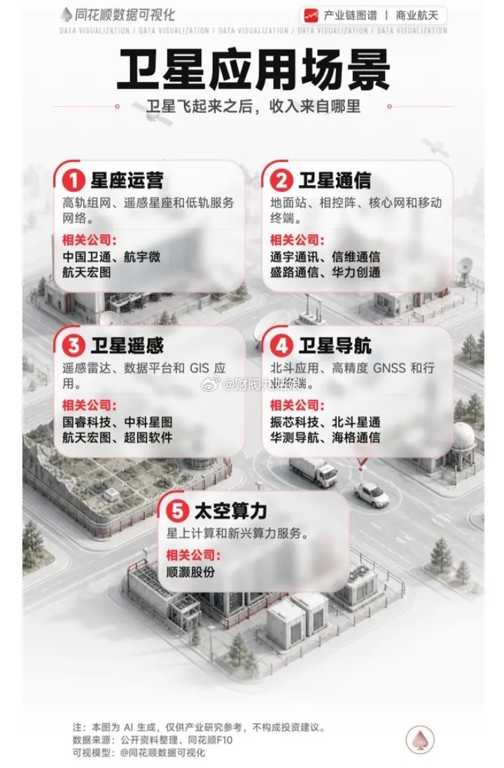 商业航天卫星应用场景相关公司梳理:以下图表展示的股票不构成投资建议，据此操作风险