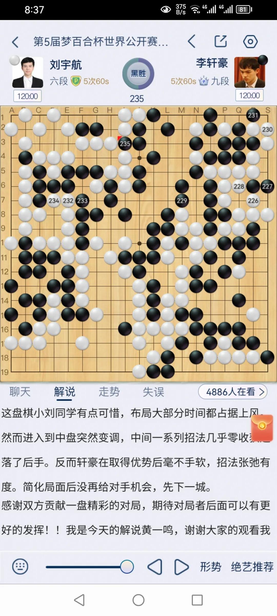 第5届梦百合杯世界围棋公开赛半决赛三番棋第一局，李轩豪胜刘宇航，党毅飞胜廖元赫。