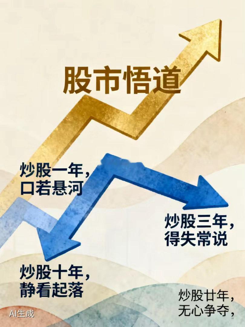 股市悟道炒股一年，口若悬河；炒股三年，得失常说。炒股十年，静看起落；炒股廿年，无