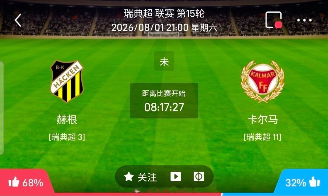 【足球】周六005瑞典超方向：赫根vs卡尔马瑞典超：赫根VS卡尔马时间：2026
