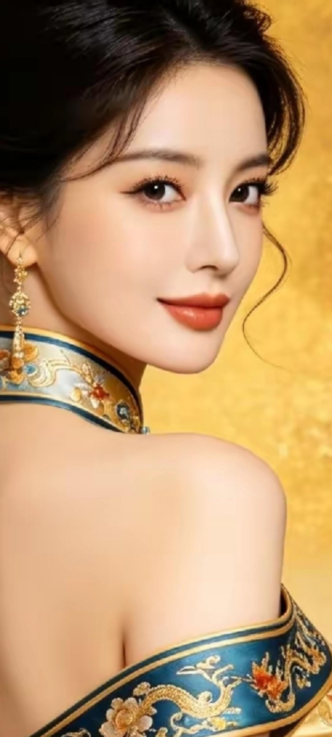 优雅东方美人，金色背景下的华丽服饰与精致妆容，尽显古典韵味。