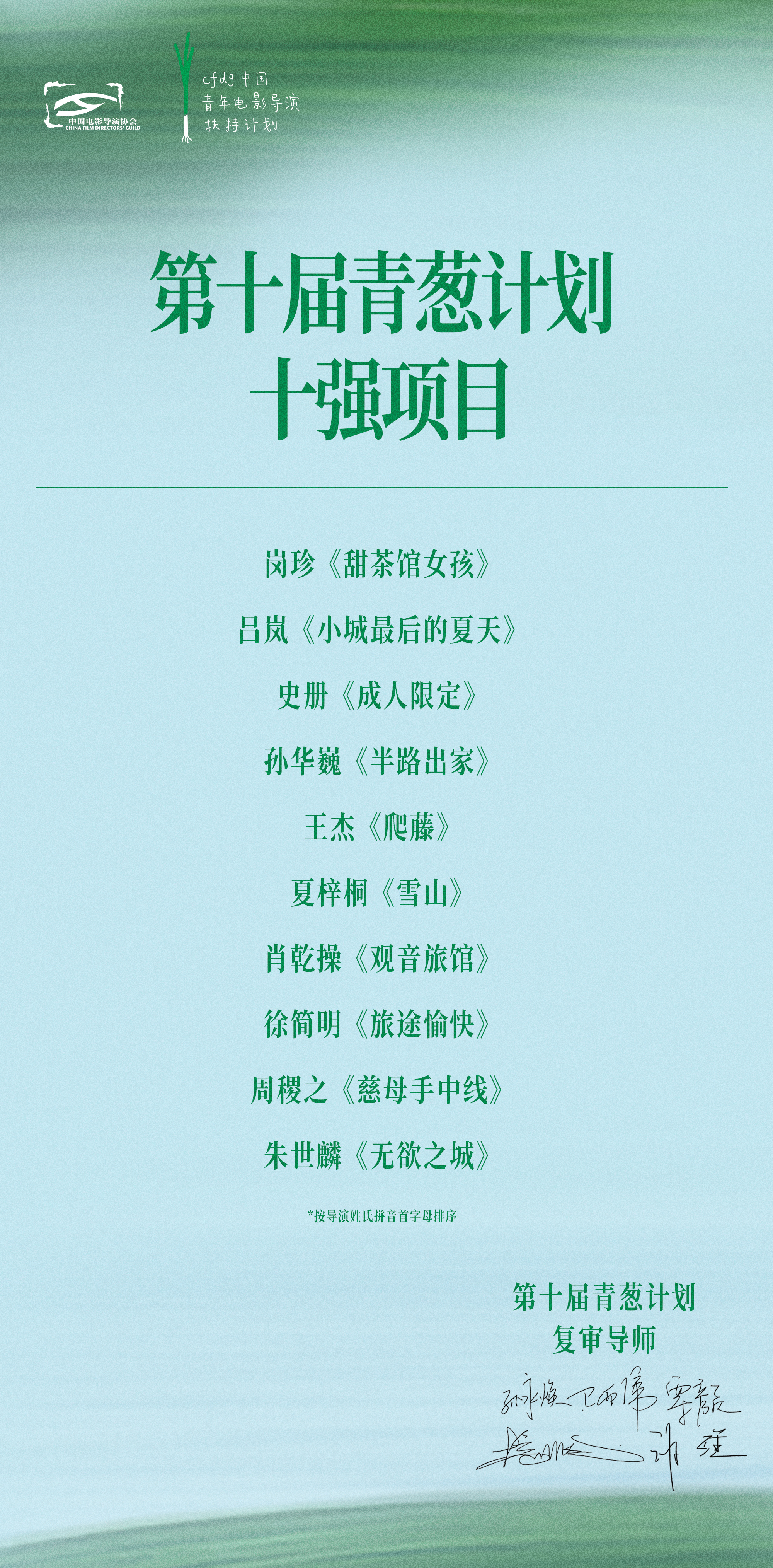第十届 青葱计划 十强名单（中国电影导演协会 “中国青年电影导演扶持计划”）正式