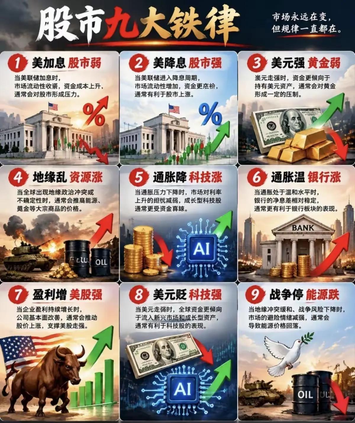 市场永远在变，但规律一直都在！一张图看懂【股市九大铁律】👇

1️⃣ 美加息→
