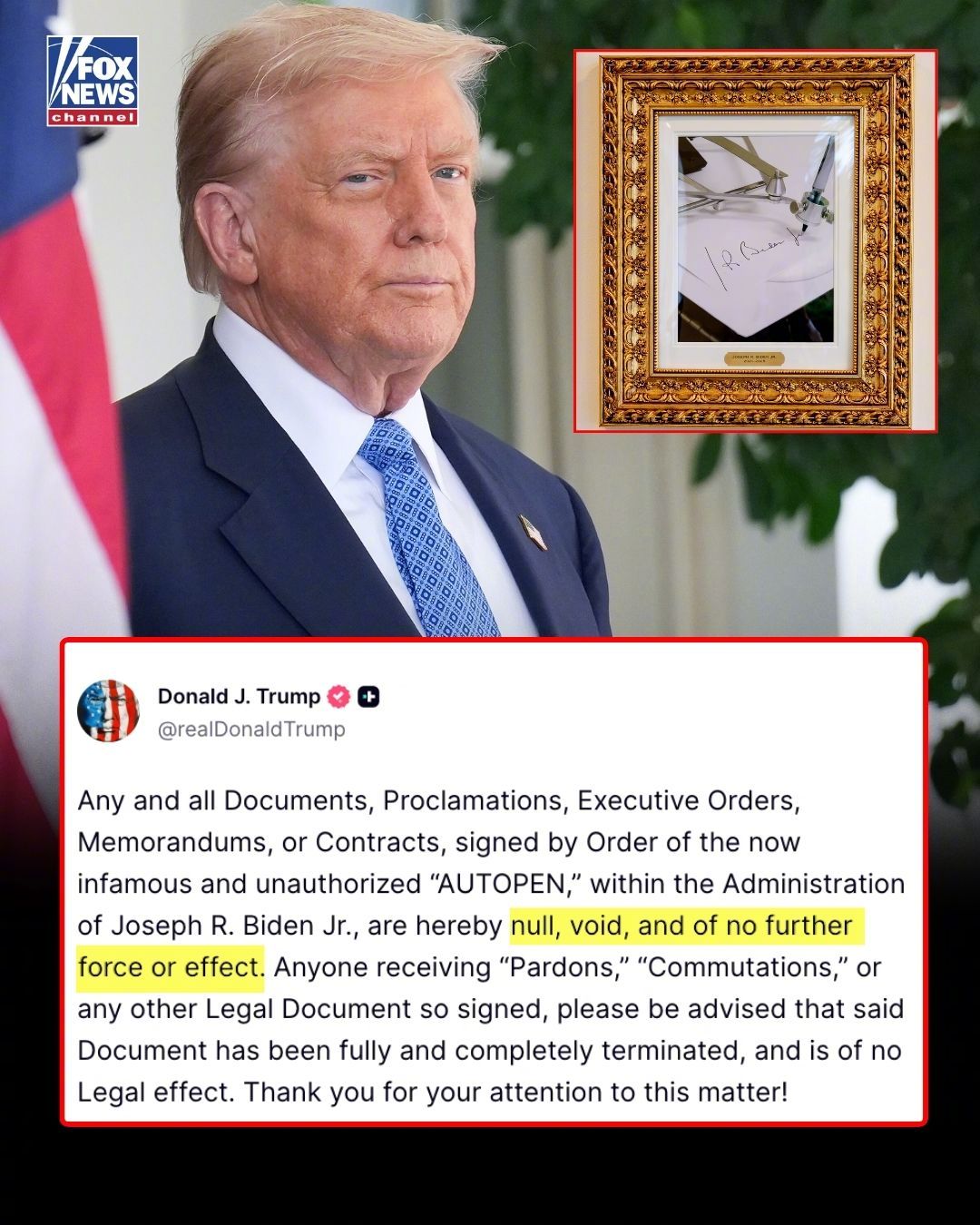 特朗普：拜登政府自动签署机签署文件无效据福克斯新闻网当地时间2日报道，特朗普宣布