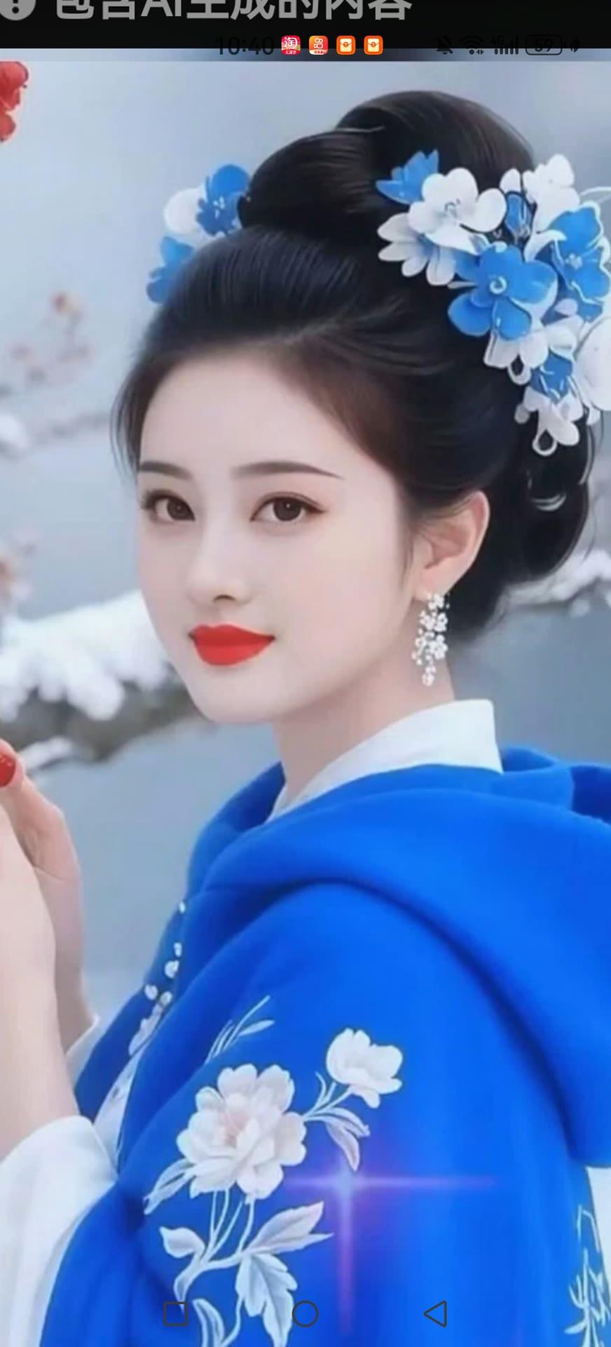 古风美人，蓝衣飘逸，花饰点缀，红唇惊艳