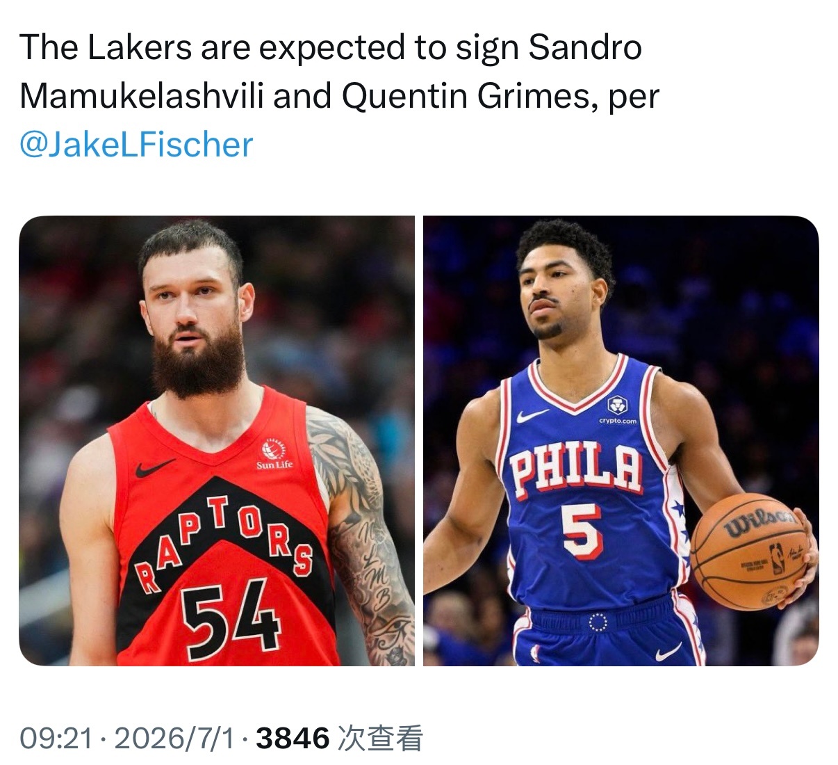Jake Fischer：湖人预计将签下格兰姆斯和马穆凯拉什维利。 