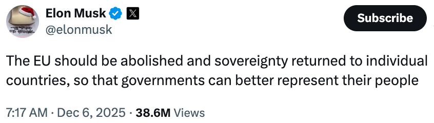 马斯克喊话解散欧盟 特朗普和马斯克最近因为欧盟的一张罚单又和美国“老伙计”欧盟杠