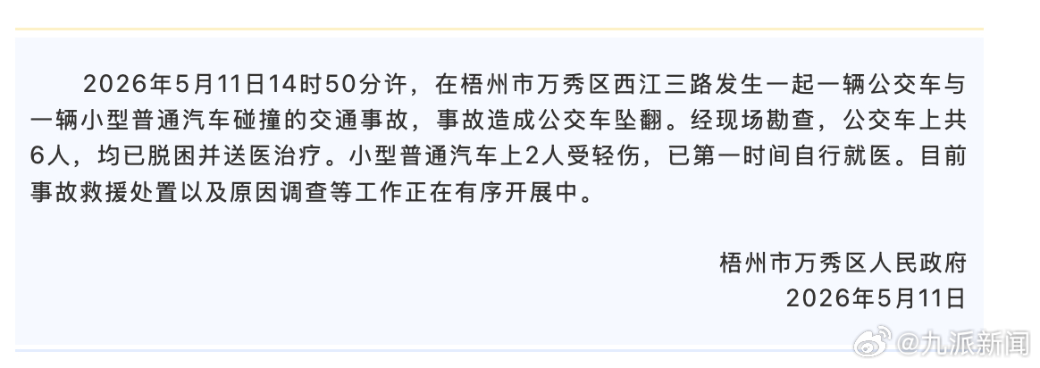 #梧州公交车坠翻6人脱困治疗#【#官方通报公交与汽车碰撞坠翻#】5月11日， 梧