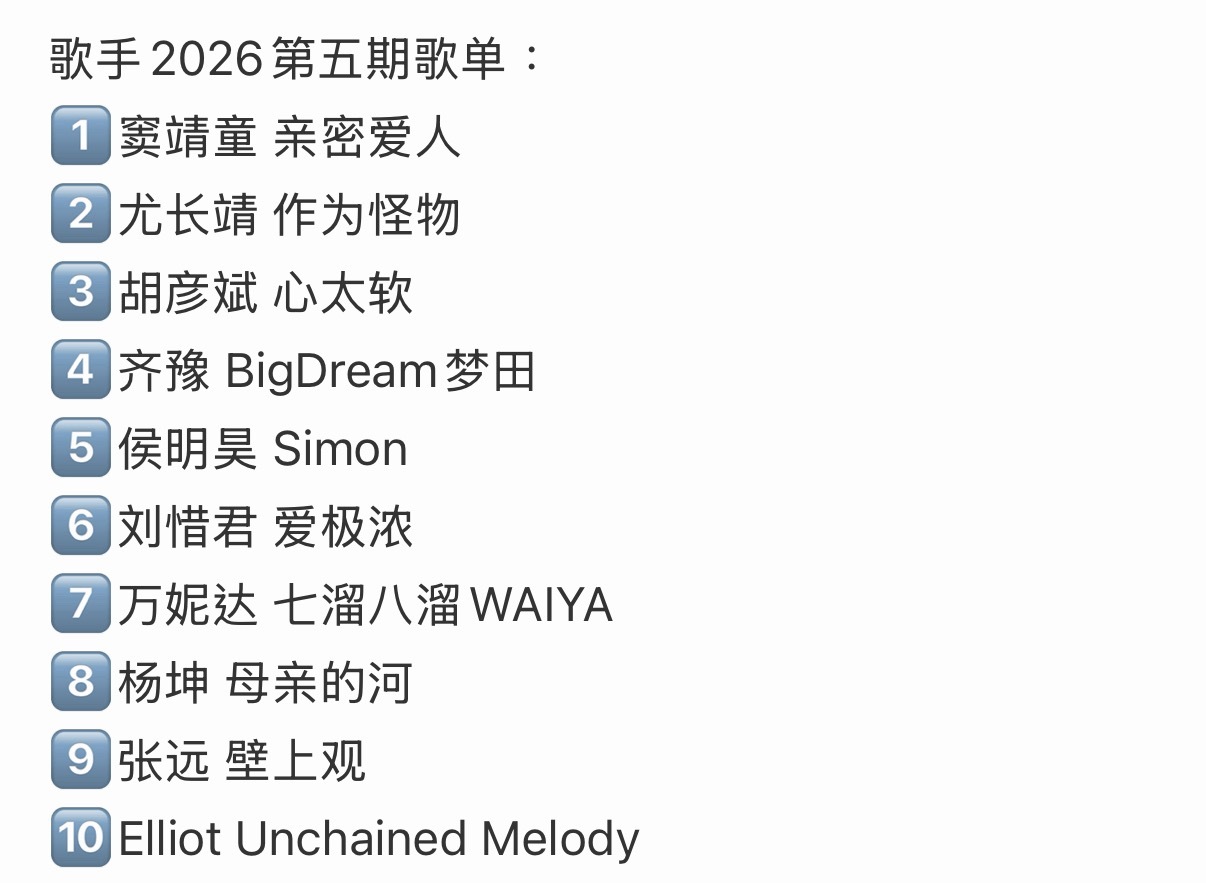 歌手第五期歌单1️⃣窦靖童 《亲密爱人》2️⃣尤长靖 《作为怪物〉3️⃣胡彦斌 