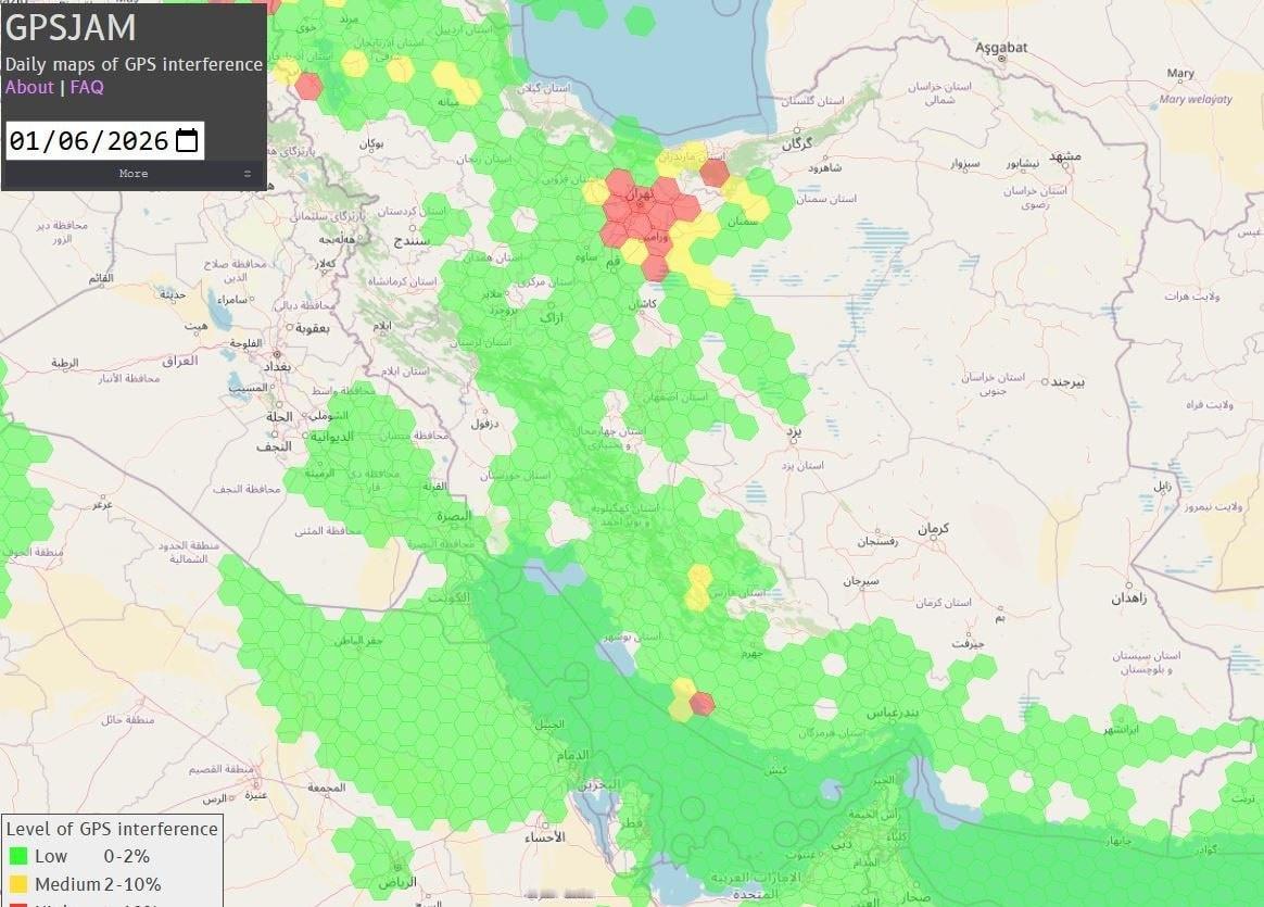 德黑兰发生大规模GPS信号干扰事件，这很可能是由于伊斯兰革命卫队和伊朗武装部队非