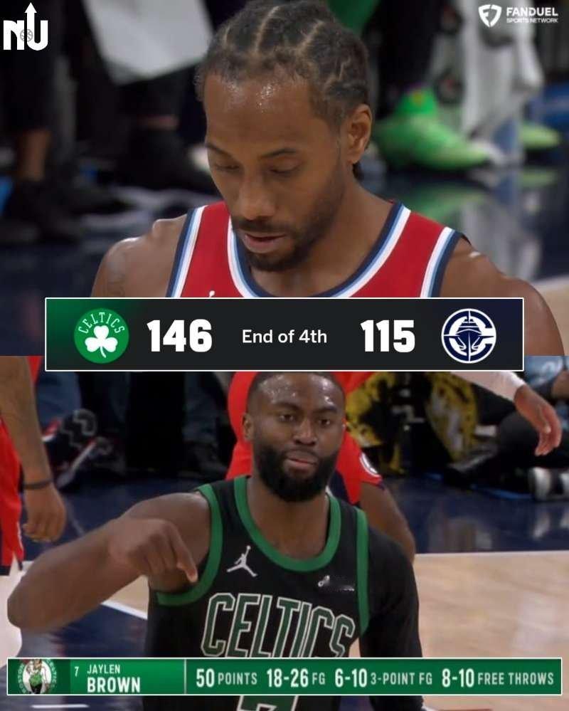 凯尔特人vs快船杰伦布朗50分 146：115客场大胜快船，杰伦生涯之夜，热乎的