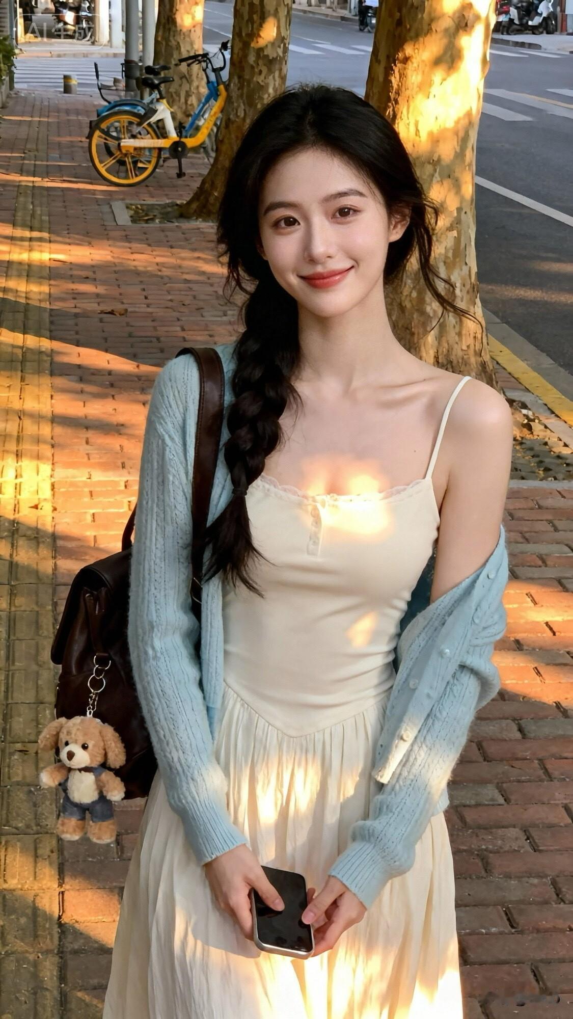 绿树荫中人影斜，轻纱薄衫映晚霞。