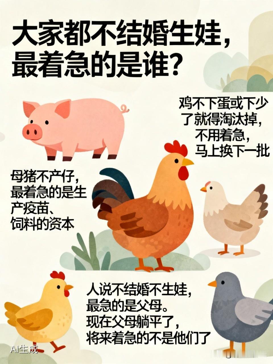 看到一则笑话
问的是倘若大家都不结婚生子，最着急的会是谁？
养猪的猪倌说，母猪不
