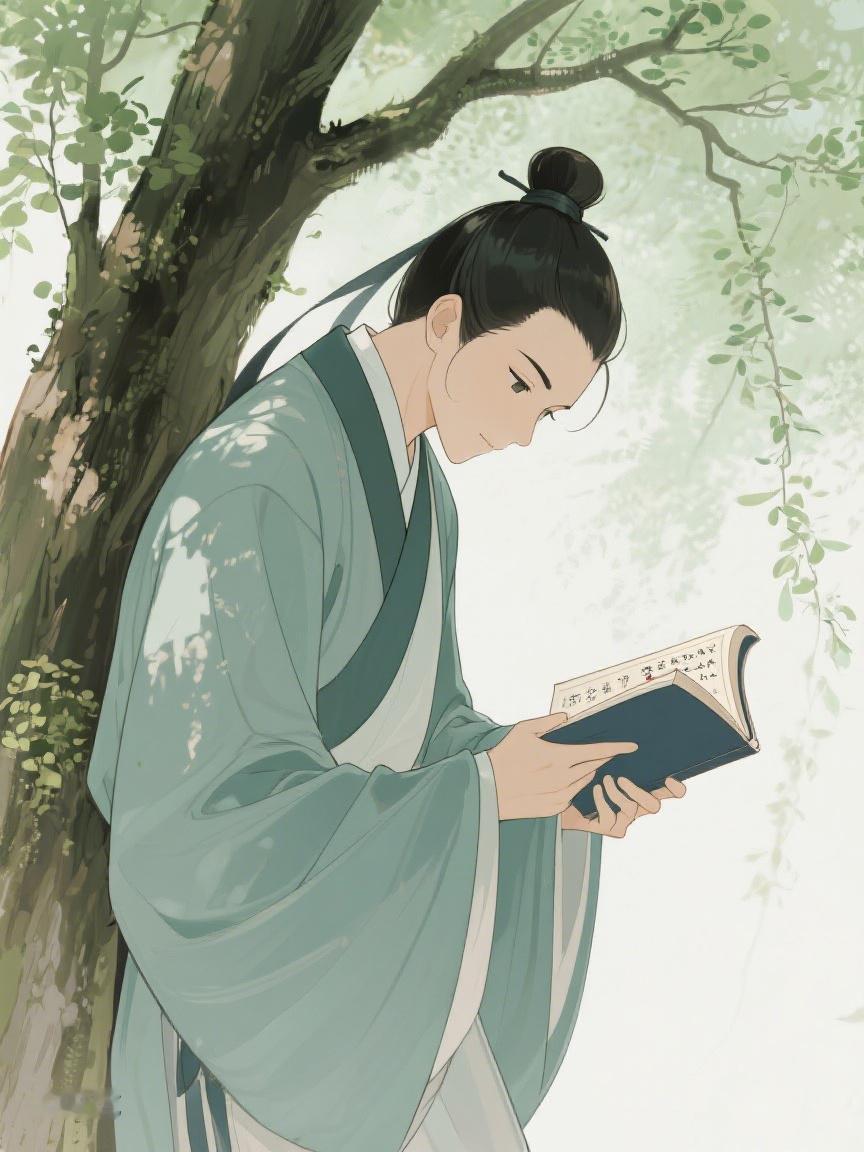 AI妙生图于树荫下捧书静读，时光轻柔流淌，书卷间藏着未知的诗意与远方💕