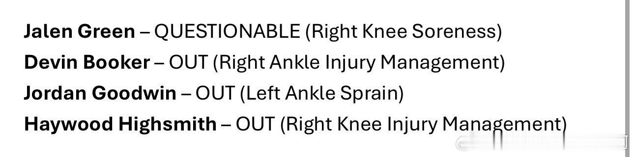 菲尼克斯太阳  伤情更新：布克下场比赛（伤病管理），缺阵。 具体伤病报告，如图 
