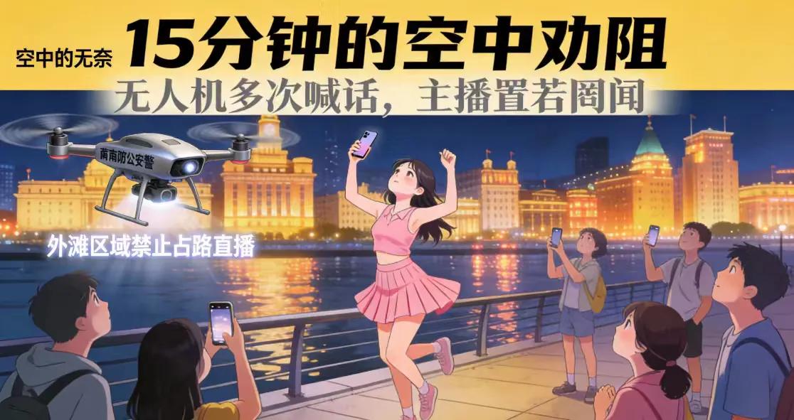无人机喊话15分钟，外滩占道直播女子置若罔闻引众怒
刺耳的警用无人机喊话声在外滩