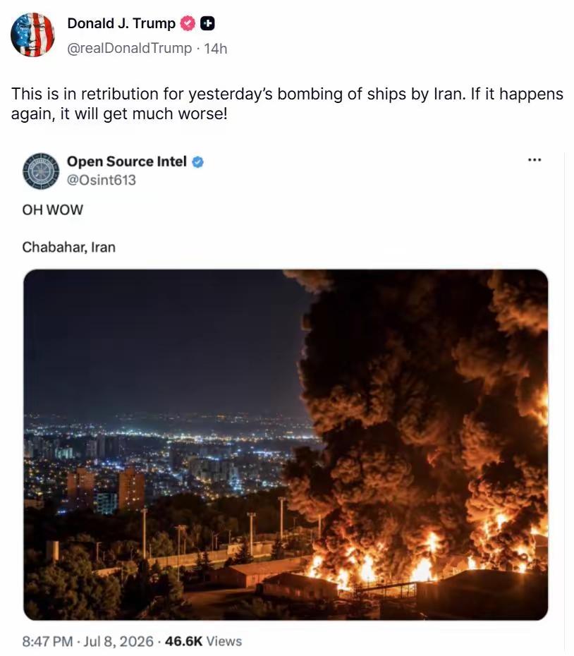 ​近日，美国总统特朗普又在网上晒出他的得意之作。看到了伊朗被炸的视频之后，大家感
