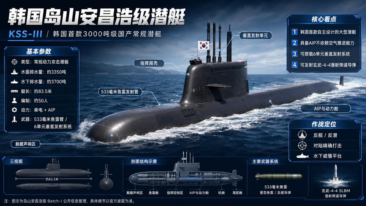 韩国岛山安昌浩级潜艇，韩方项目代号通常称 KSS-III，是韩国海军第一型真正意
