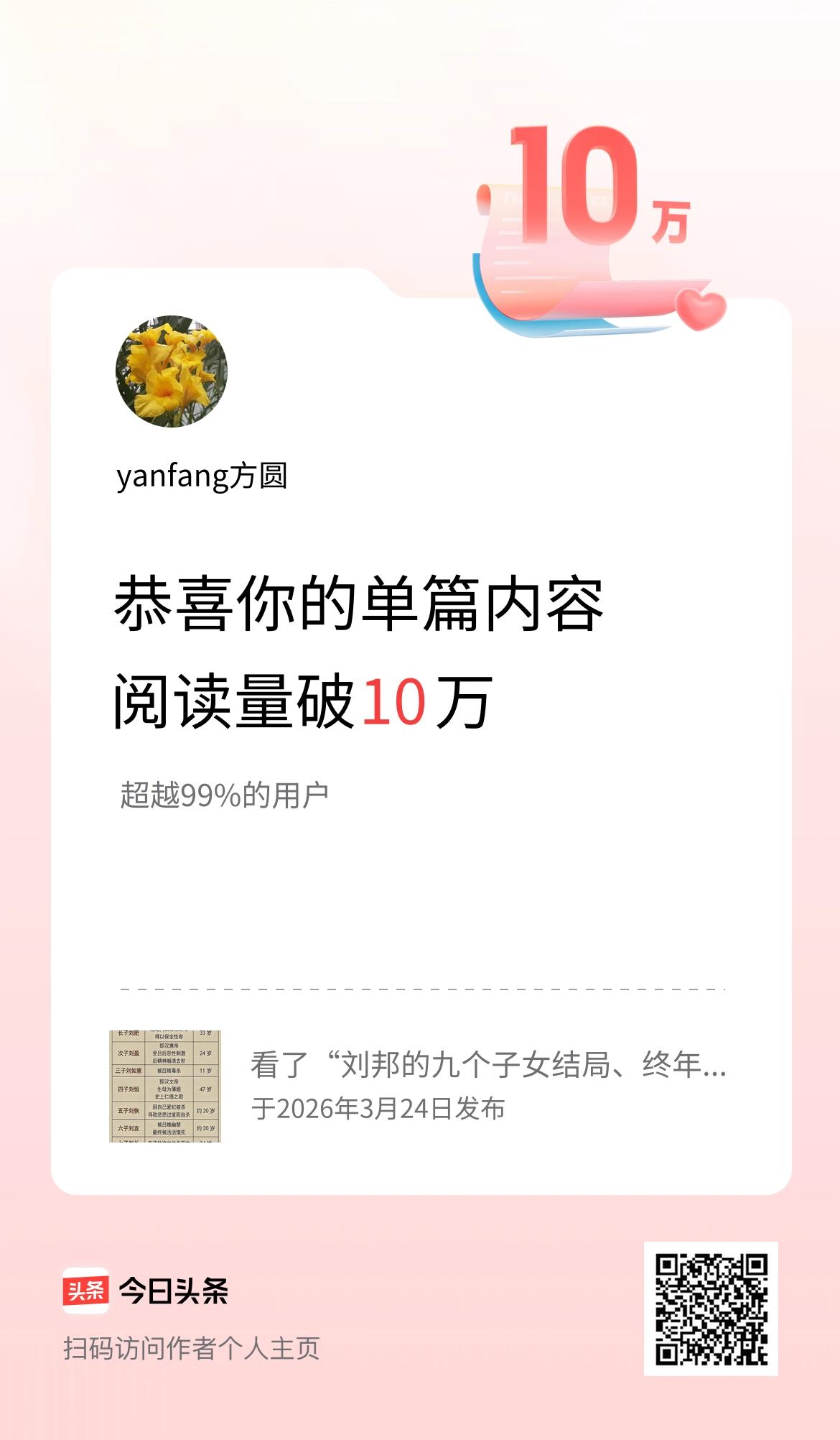 单篇内容获得阅读量破10万啦！