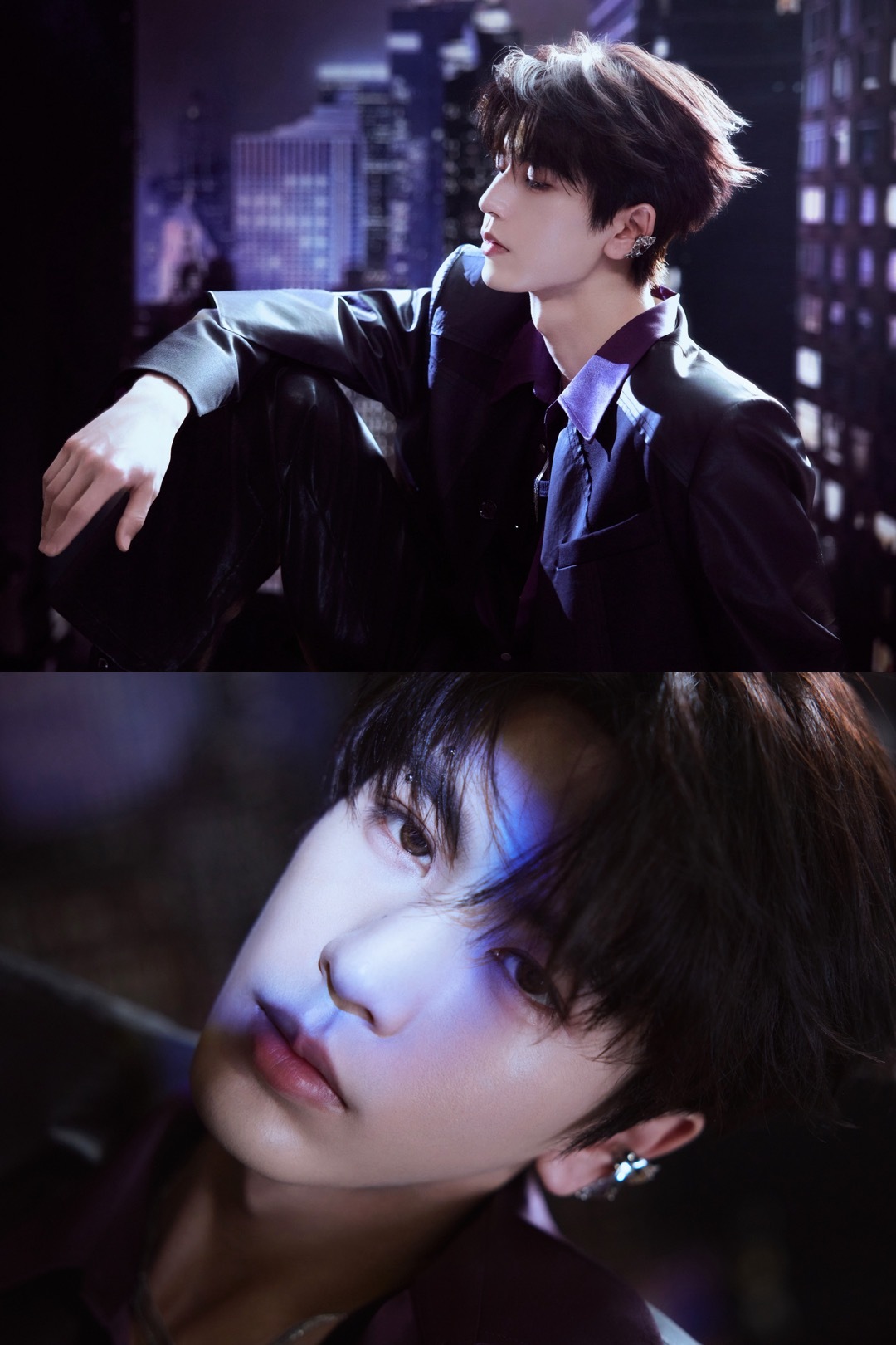 张凌赫今日出席游戏直播活动造型大片，身着皮革拼接时装内搭紫色衬衫和黑T，佩戴金属