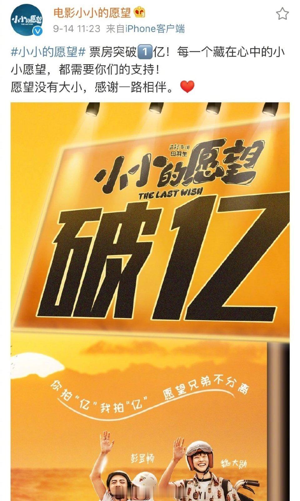 #小小的愿望票房破亿# 今天，《小小的愿望》官博发文称电影票房突破1亿：“票房突