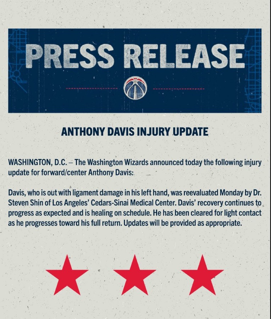 奇才队本赛季仅剩7场比赛，官方宣布安东尼-戴维斯（左手韧带损伤）已获准进行轻度对