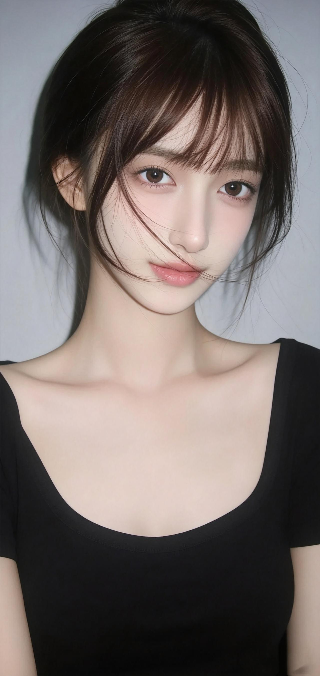 极简背景下，清冷氛围感悄然弥漫。黑色方领上衣勾勒出利落的锁骨线条，空气刘海微乱地