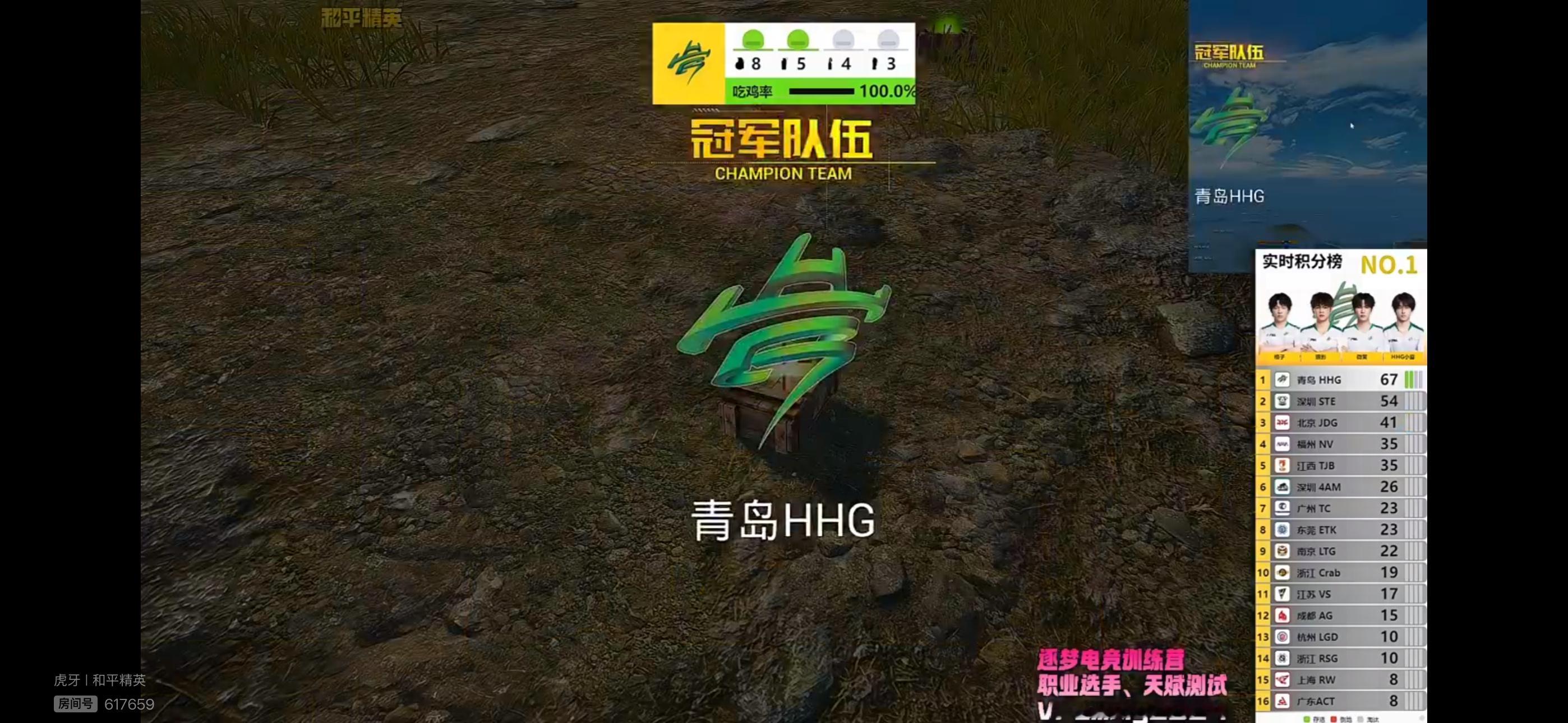 0625晚间训练赛，青岛HHG第四局成功吃鸡。HHG·微笑单场8淘汰，HHG·格