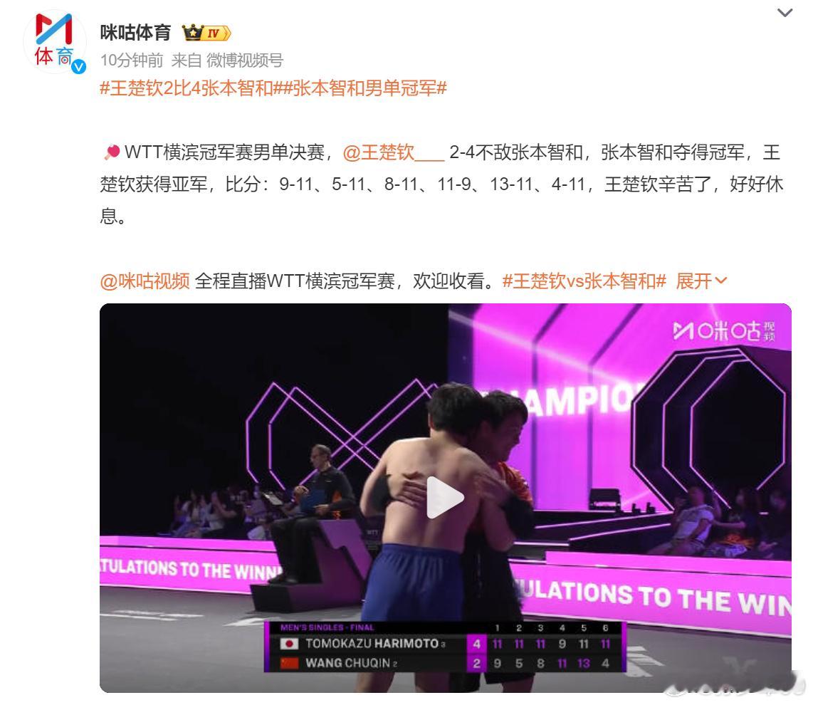 张本智和夺得WTT横滨冠军赛男单决赛冠军，这场比赛热度好高王楚钦2比4张本智和张