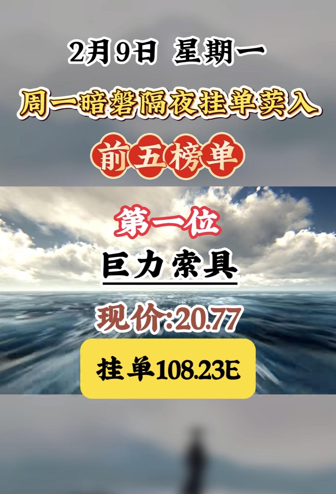 2月9日，周一暗盘，三变科技前五榜单，现价25.41，挂单88.72E

周一暗