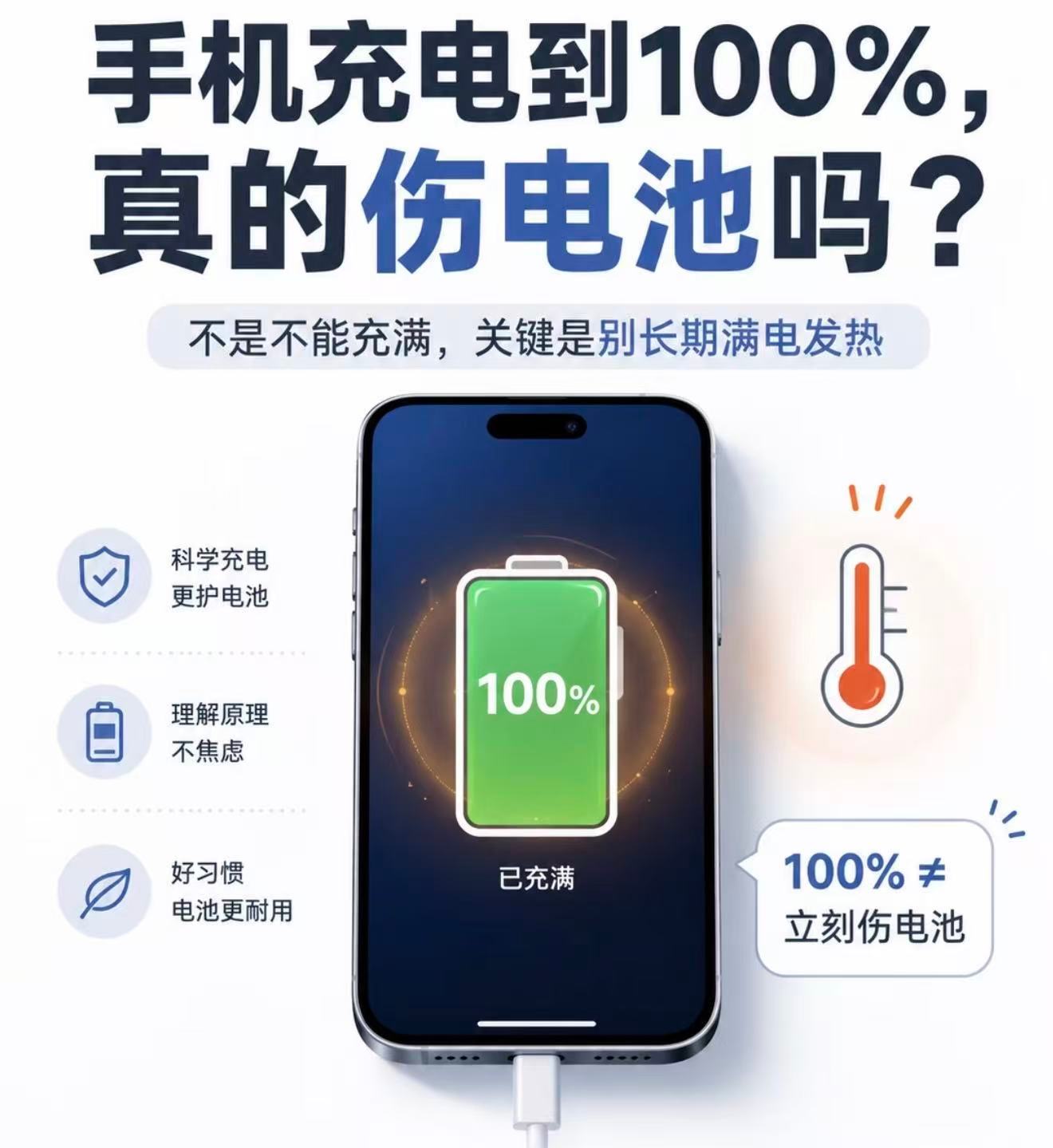 手机充满电会伤电池吗 我一般都是充满100%的，我的手机用了大半年了，刚刚查电池