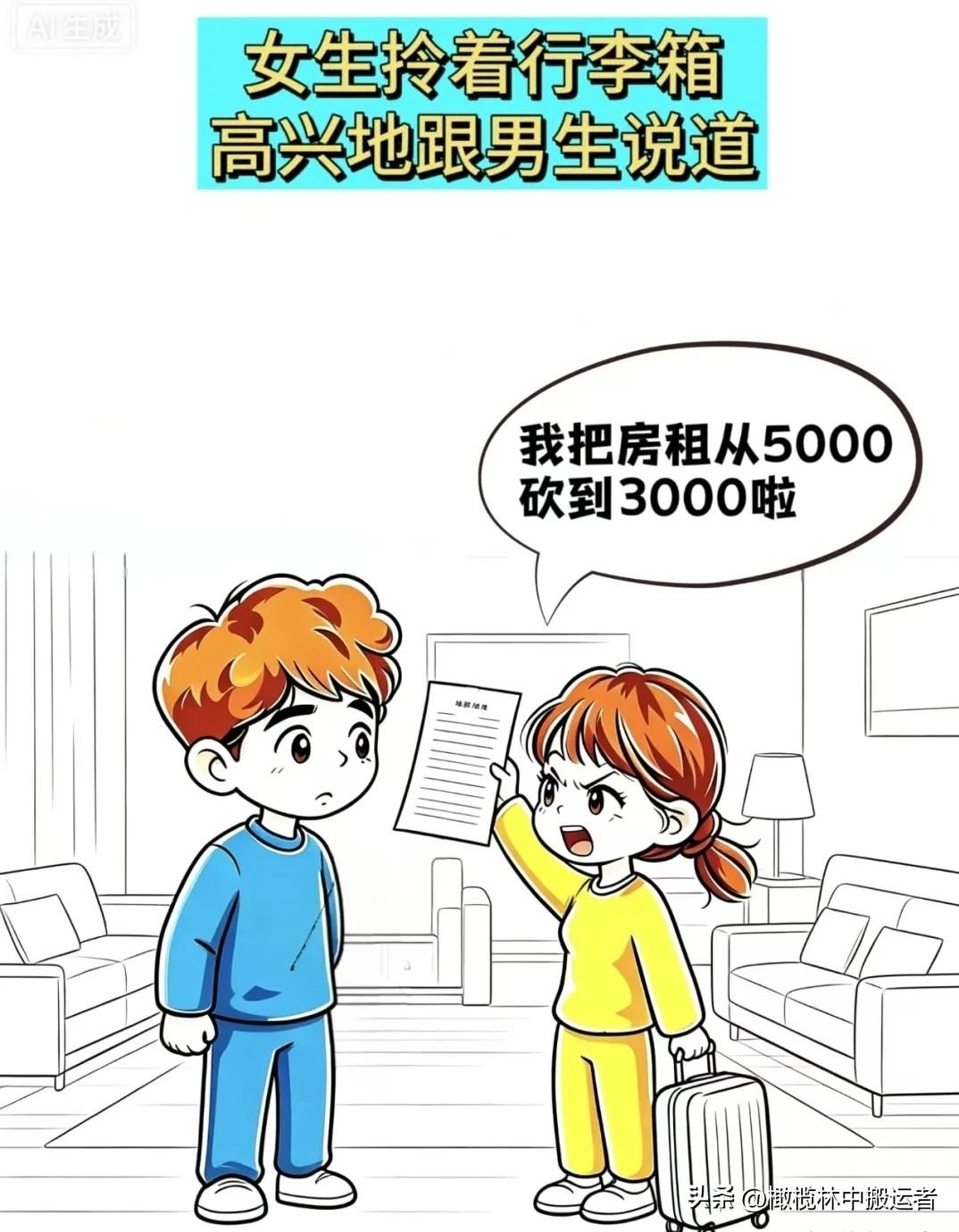 趣味漫画：女生:我把房租5000砍到3000啦，男生一脸激动:你也太厉害了吧，女