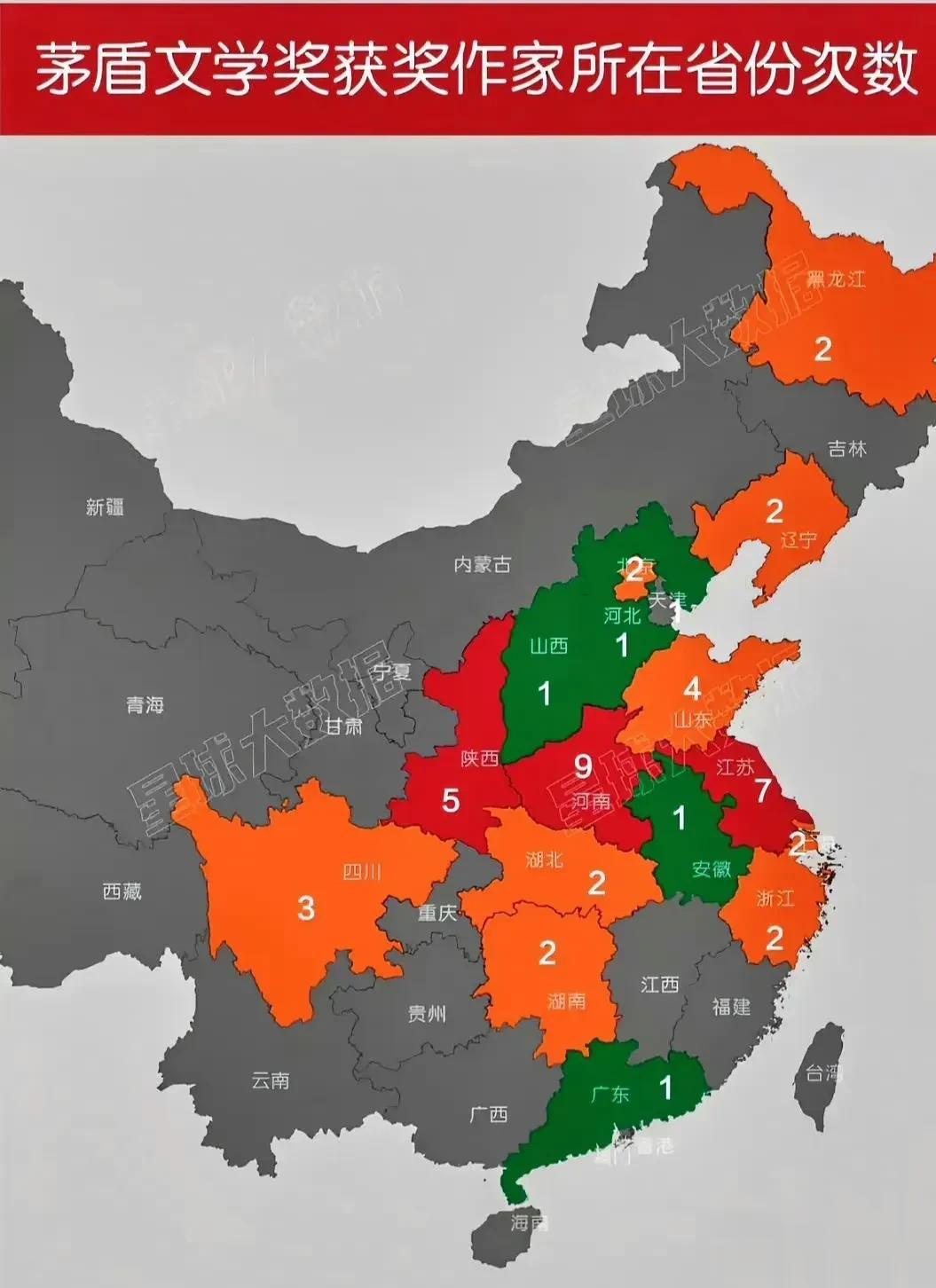 各省份茅盾文学奖获奖者数量分布图