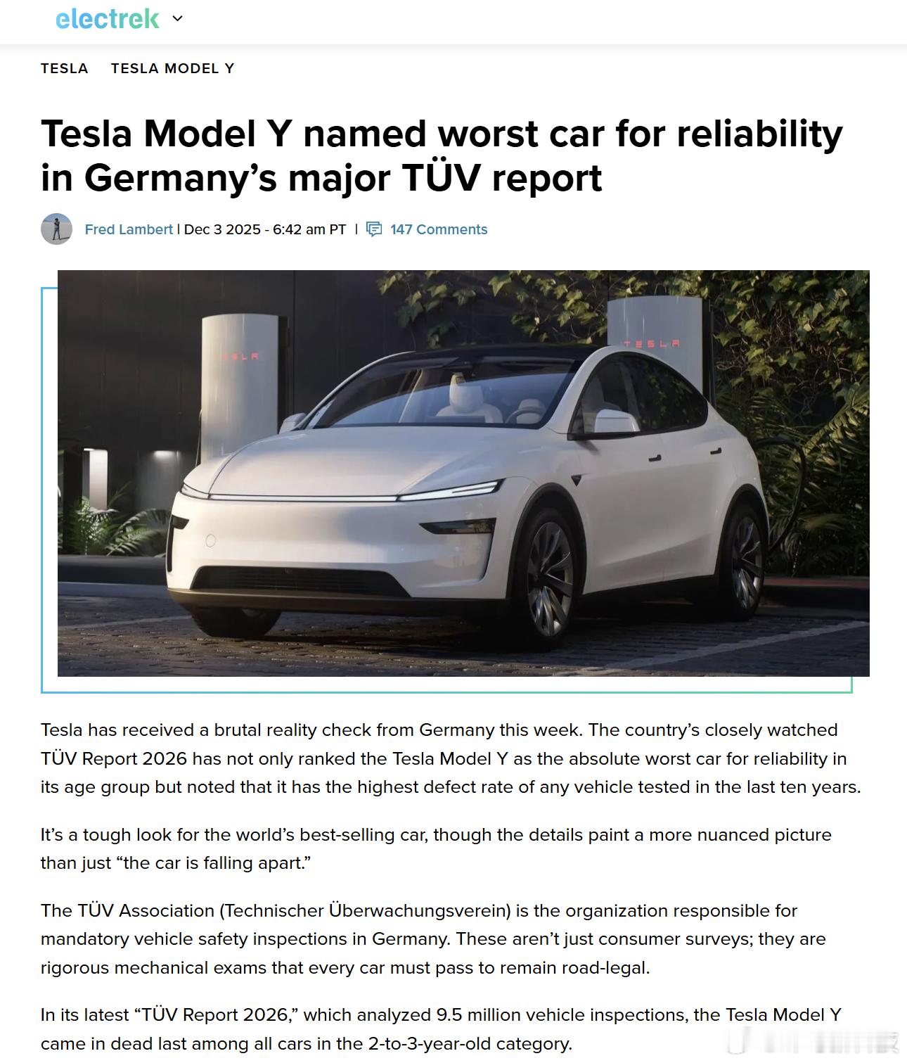 【特斯拉Model Y被评为可靠性垫底车型】根据德国车辆安全检验机构TÜV发布的