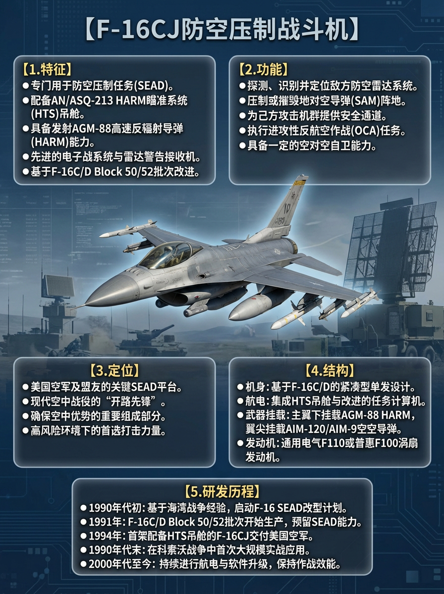全球武器装备盘点 F-16CJ防空压制战斗机F-16CJ“野鼬鼠”是美国空军专门