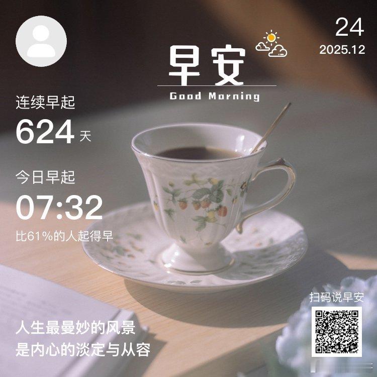 日常早安，你已连续早起打卡624天，昨晚睡了8小时39分钟。你以深情待生活，生活