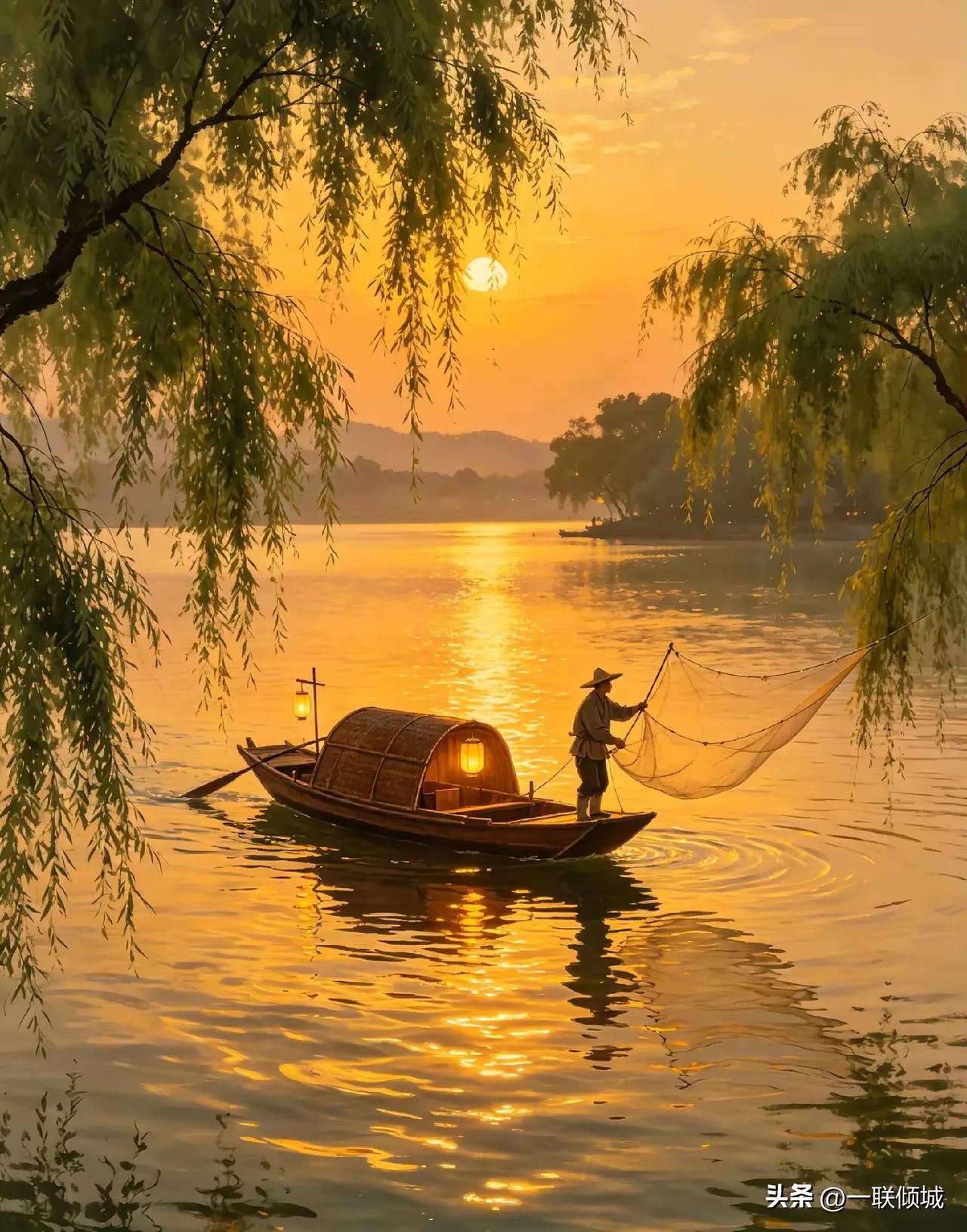 上联：渔舟唱晚摇金浪，
下联：灯火阑珊洒清辉。这下联对得挺有韵味，和上联意境呼应