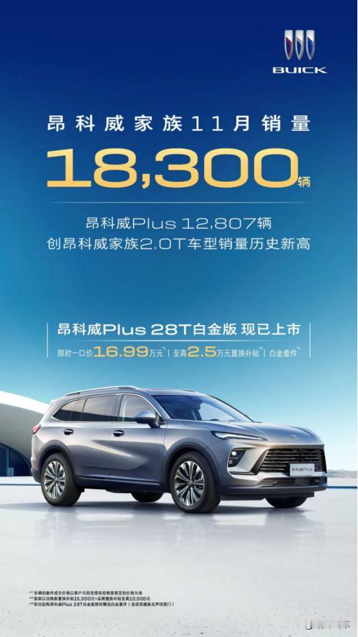 别克昂科威家族在11月交出了令人瞩目的成绩单，共售出18300辆，其中昂科威Pl
