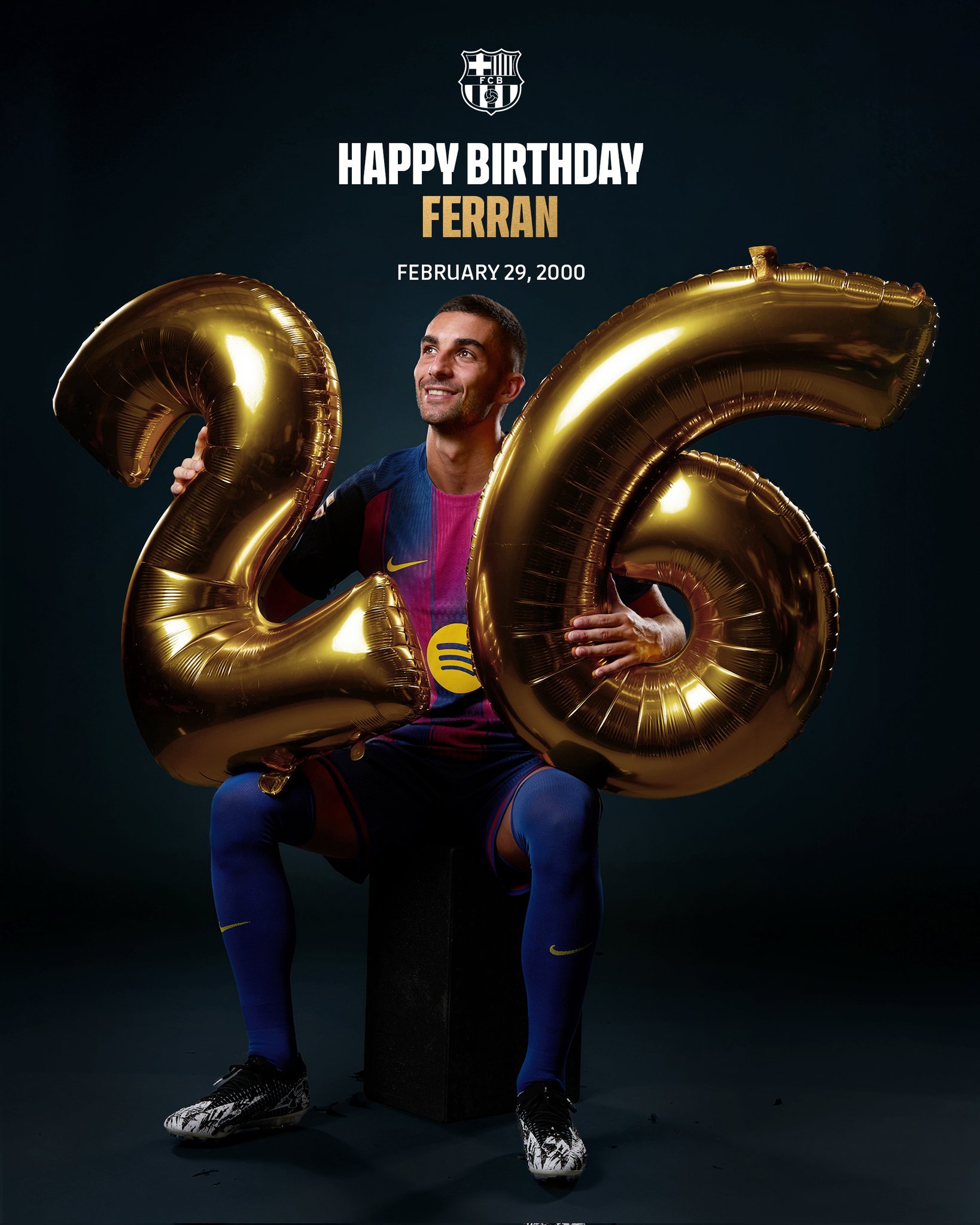 巴萨官推祝费兰-托雷斯26岁生日快乐！！！2月29号出生的男人。巴萨vs比利亚雷