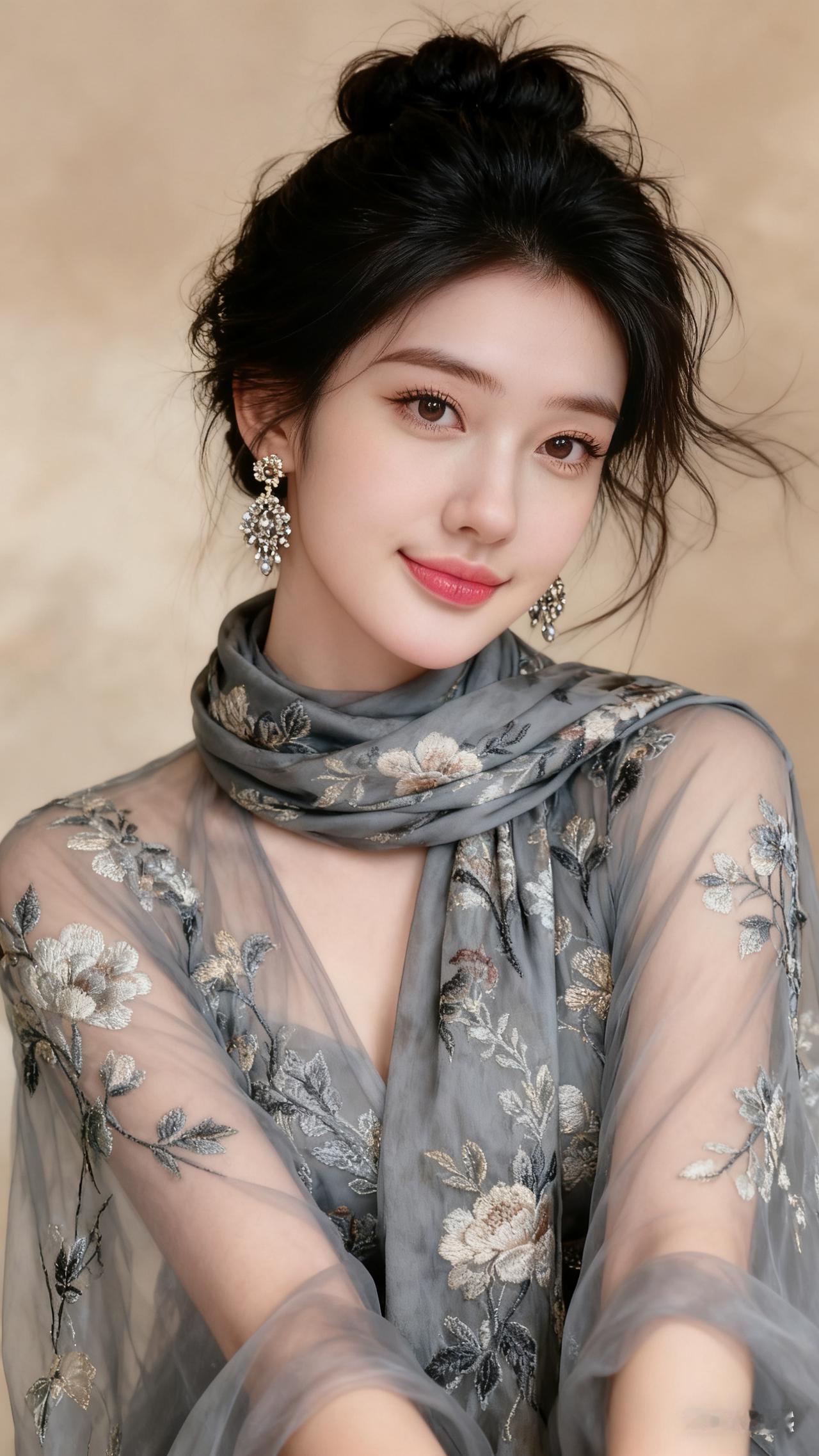 绝色佳人浓妆艳抹，盘发微乱，白肤细腻，大眼睫毛根根分明，灰绣花纱衣配同色丝巾，戴