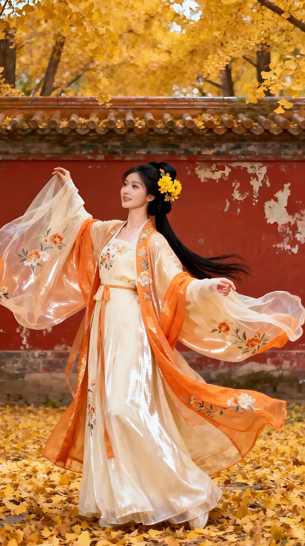 在这幅宛如仙界画卷的图景中，一位绝世佳人翩翩而至，仿佛从古代的诗篇中悠然走出。她