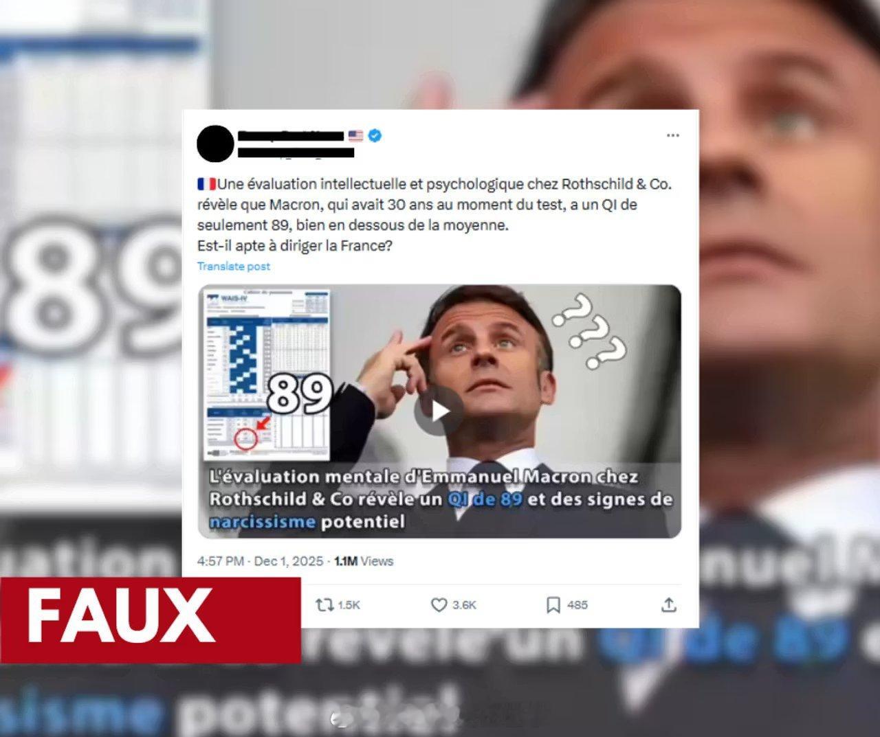 海外新鲜事 一个亲俄宣传网络散布了一则假消息，声称马克龙的智商低于平均水平。从周