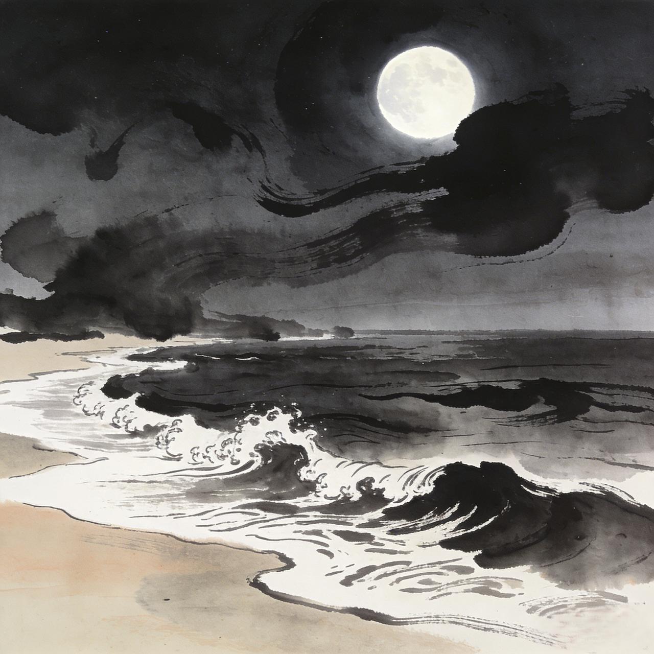 上联：一枕阑珊月
下联：千秋寂寞潮
时间维度上的拓展，潮声亘古如寂寞，与月夜构成