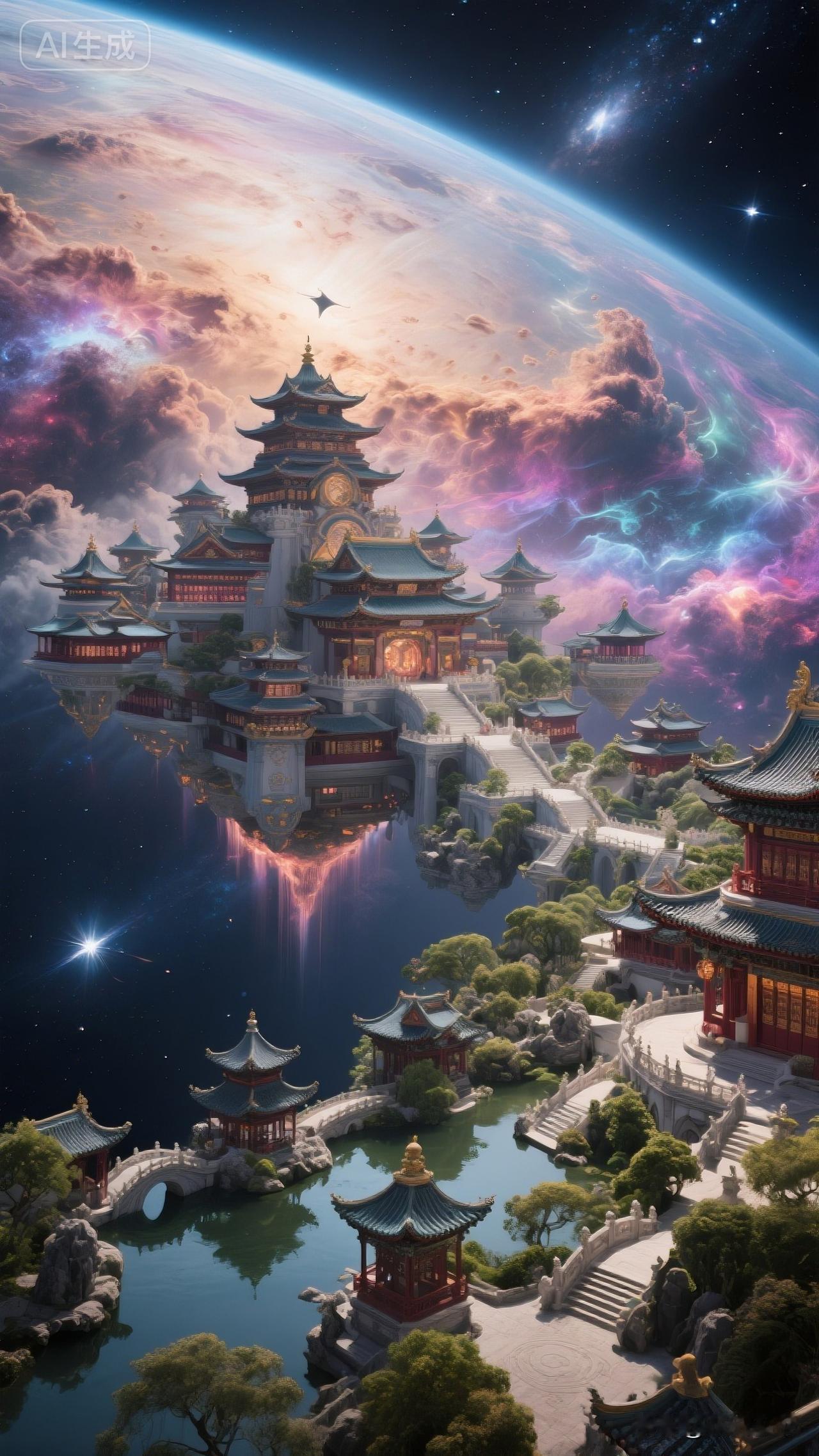 仙境浮云端，楼阁映星河。