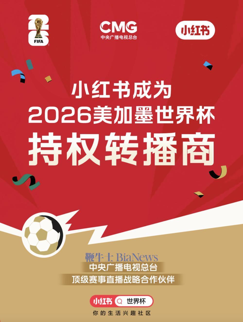 【小红书官宣成为2026世界杯转播商】
小红书，要踢球种草了吗？
28日，小红书